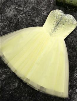 Picture of Light Yellow Tulle Short Beaded Sweetheart Homecoming Dresses, Tulle Short Formal Dresses